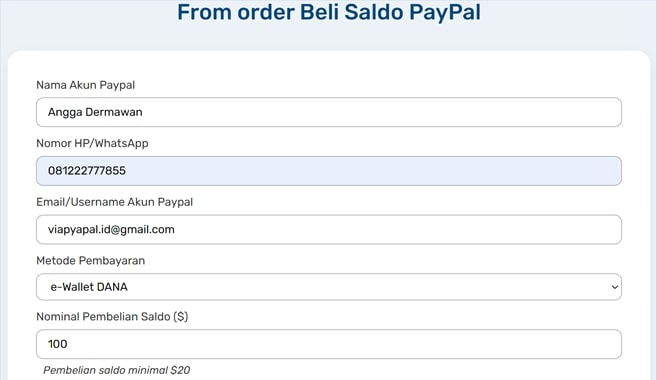 Isi Formulir Order top up paypal via dana