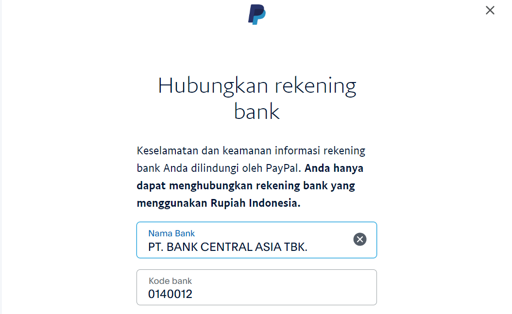 Kode Bank BCA untuk PayPal