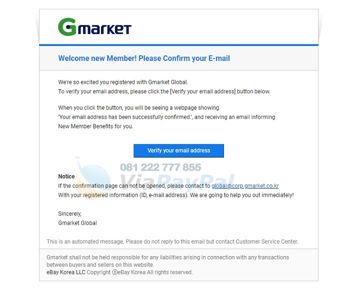 Konfirmasi Email Registrasi akun di Gmarket