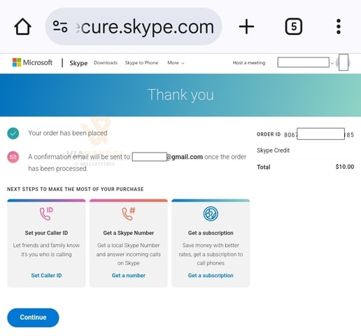 Konfirmasi Pembelian kredit Skype