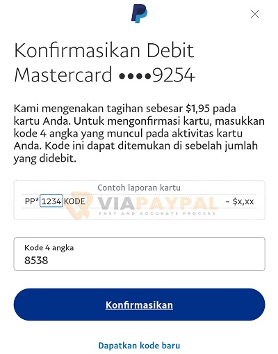Masukan Kode Konfirmasi PayPal 4 Angka Debit BNI