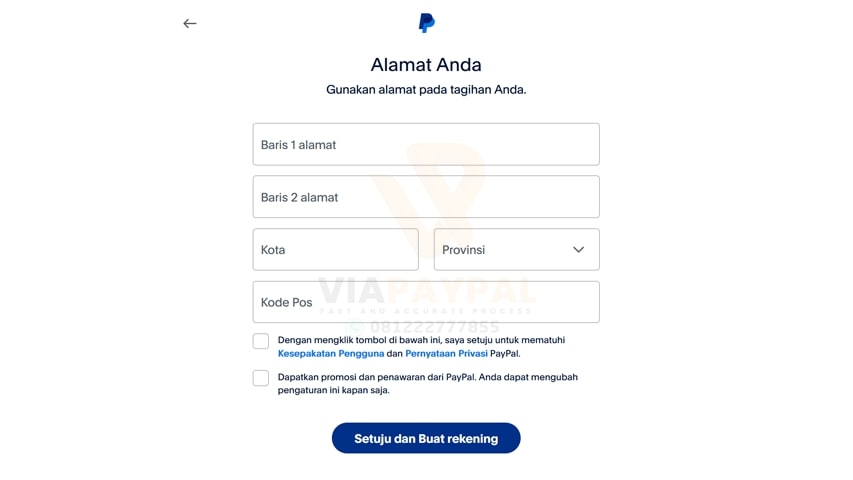 Masukan alamat Anda untuk Daftar Akun PayPal